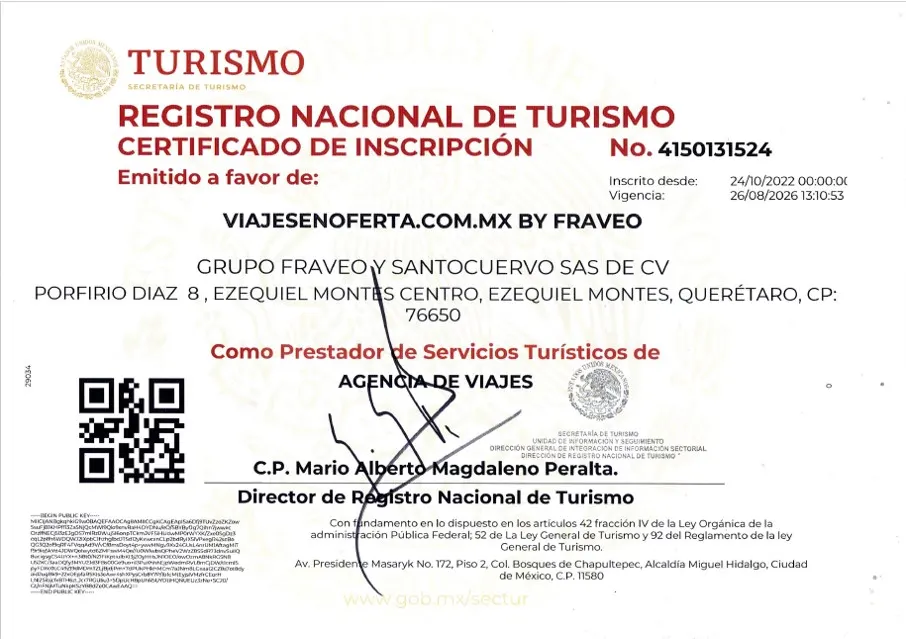 Certificado de inscripción en el Registro Nacional de Turismo de Viajes en Oferta by FraVEO
